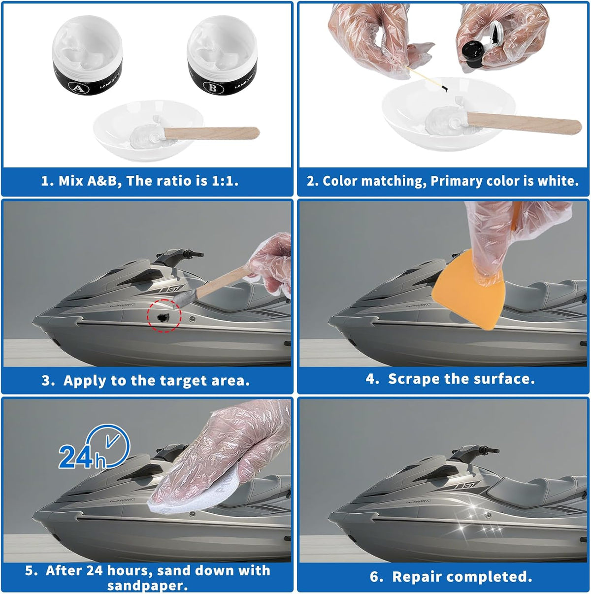 Marine Fiberglass Repair Kit for Boats, Gel Coat Repair Kit for Boats, Epoxy Filler for Boats, Gelcoat Repair Kit, Fiberglass Boat Repair Kit Fix Holes, Chips & Deep Cracks, Boat Accessories