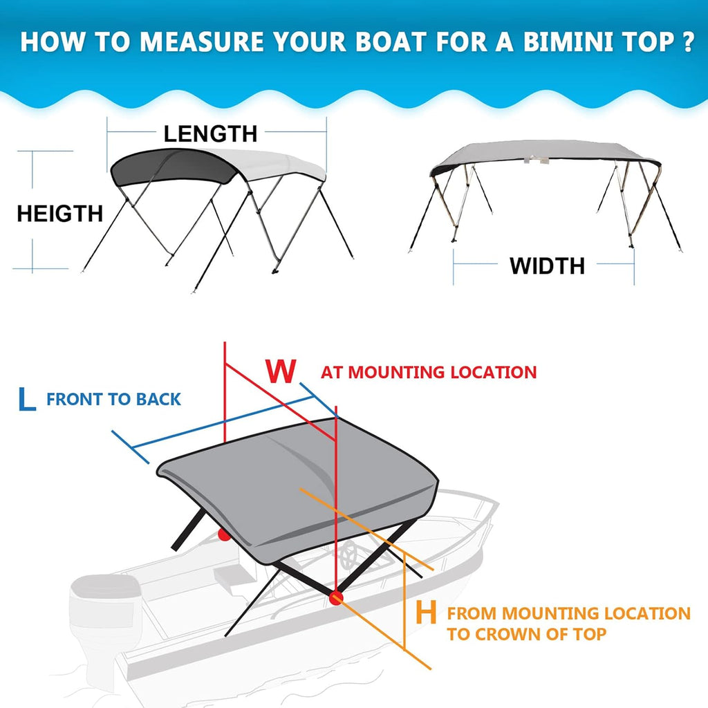 3 Bow & 4 Bow Bimini Top for Boats, 10 Colors, 13 Sizes