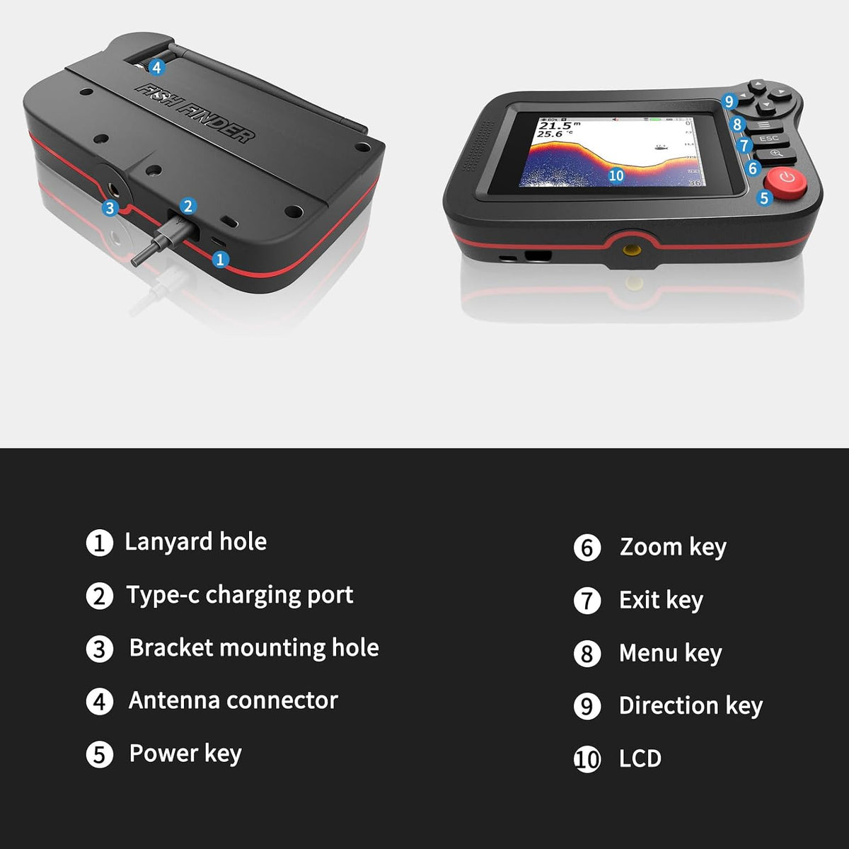 Handheld Fish Finder Portable Fishing Kayak Fishfinder Fish Depth Finder Fishing Gear with Sonar Transducer and LCD Display
