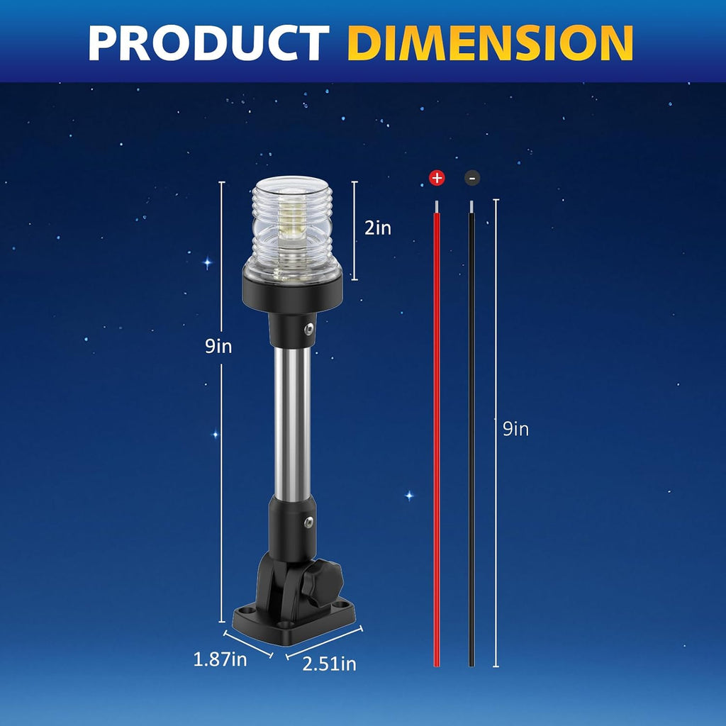 9 Inches Anchor Light Stern Light for Boats, White Boat Navigation Lights LED Waterproof IP67, Rear LED Marine Running Lights for Pontoon, Jon Boat, Fishing Boats