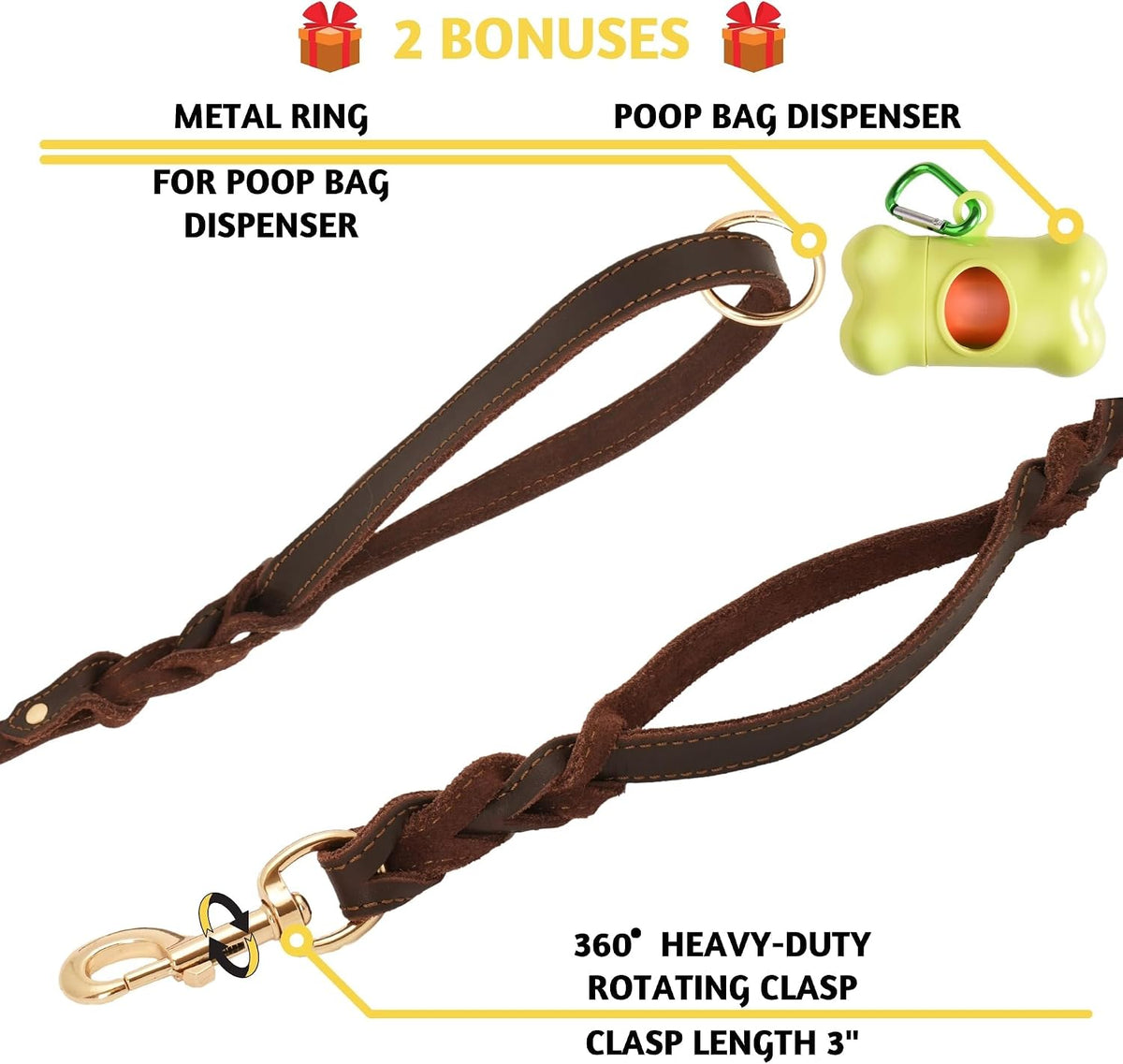 Leather Dog Leash with Traffic Handle, 6Ft, Medium & Large Dogs