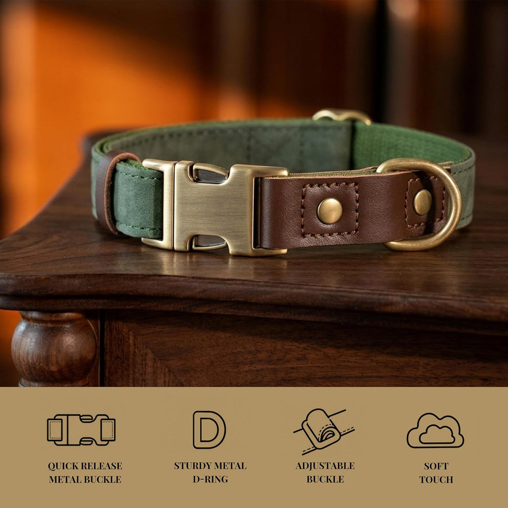 PU Leather Dog Collar for Large Dogs, Soft Nylon Lining, Green L