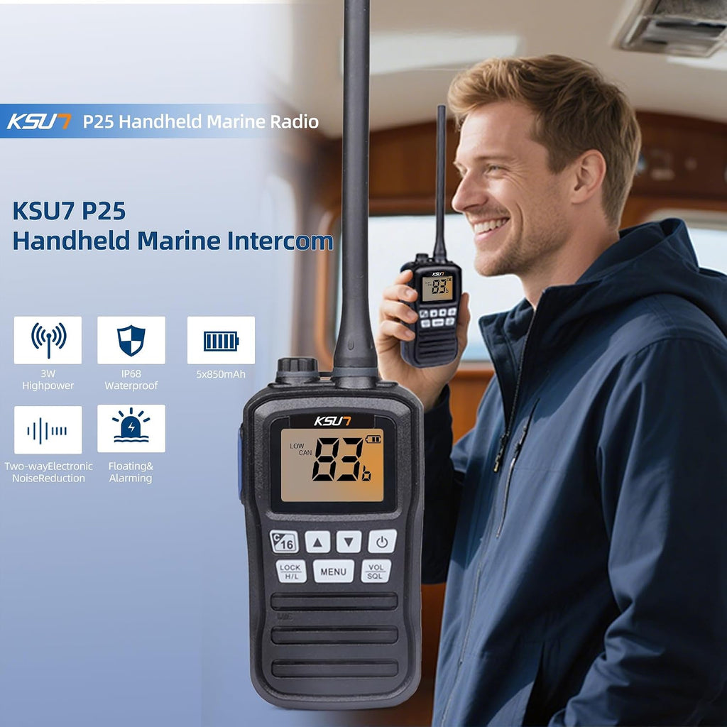 Handheld Two-Way VHF Marine Radio IPX7 Waterproof,Led Screen,10 NOAA Weather Channels,Flashing Light,Falling Water Alarm  P25 Walkie Talkie (1 Pack)