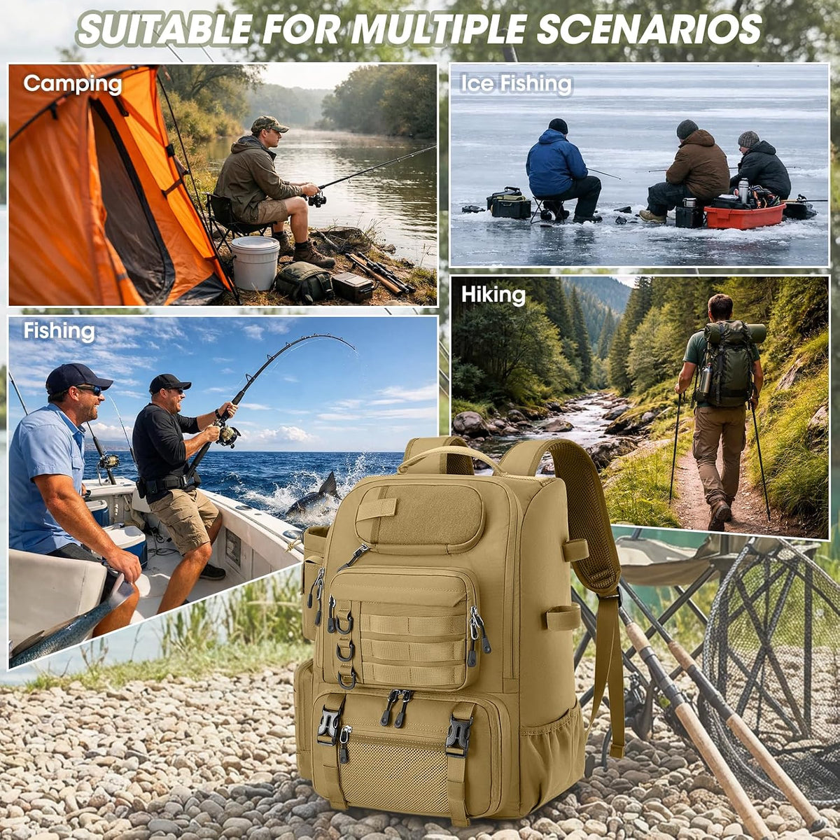 Fishing Backpack 40L Tackle Backpack with Rod Holders & Cooler
