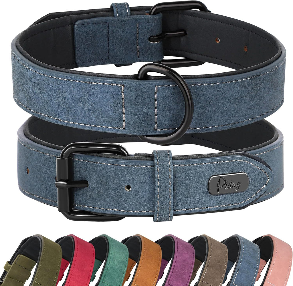 Soft PU Leather Dog Collar, Breathable Padded, Blue, Neck 11-15"