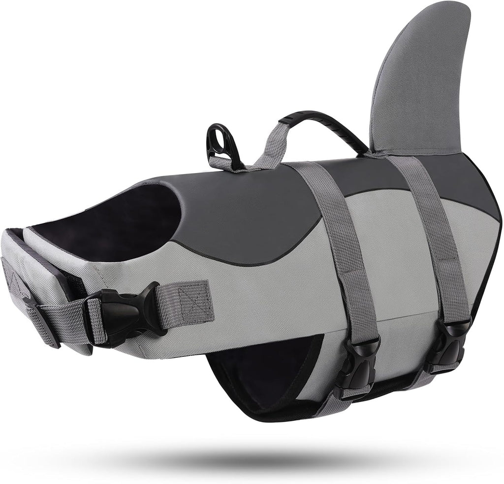Dog Life Jacket - Pet Safety Vest for Swimming & Boating, Shark Life Jacket with Floatation, Dog Lifesavers Swimsuits for Small Medium Large Dogs (Grey, M)
