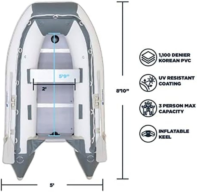 Newport 8Ft 10In Dana Inflatable Sport Tender Dinghy Boat - 3 Person - 10 Horsepower - USCG Rated, White/Gray