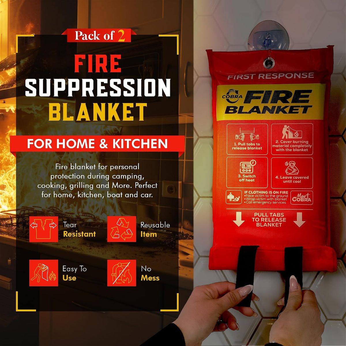 Emergency Fire Blanket for Home & Kitchen 2-Pack Safety