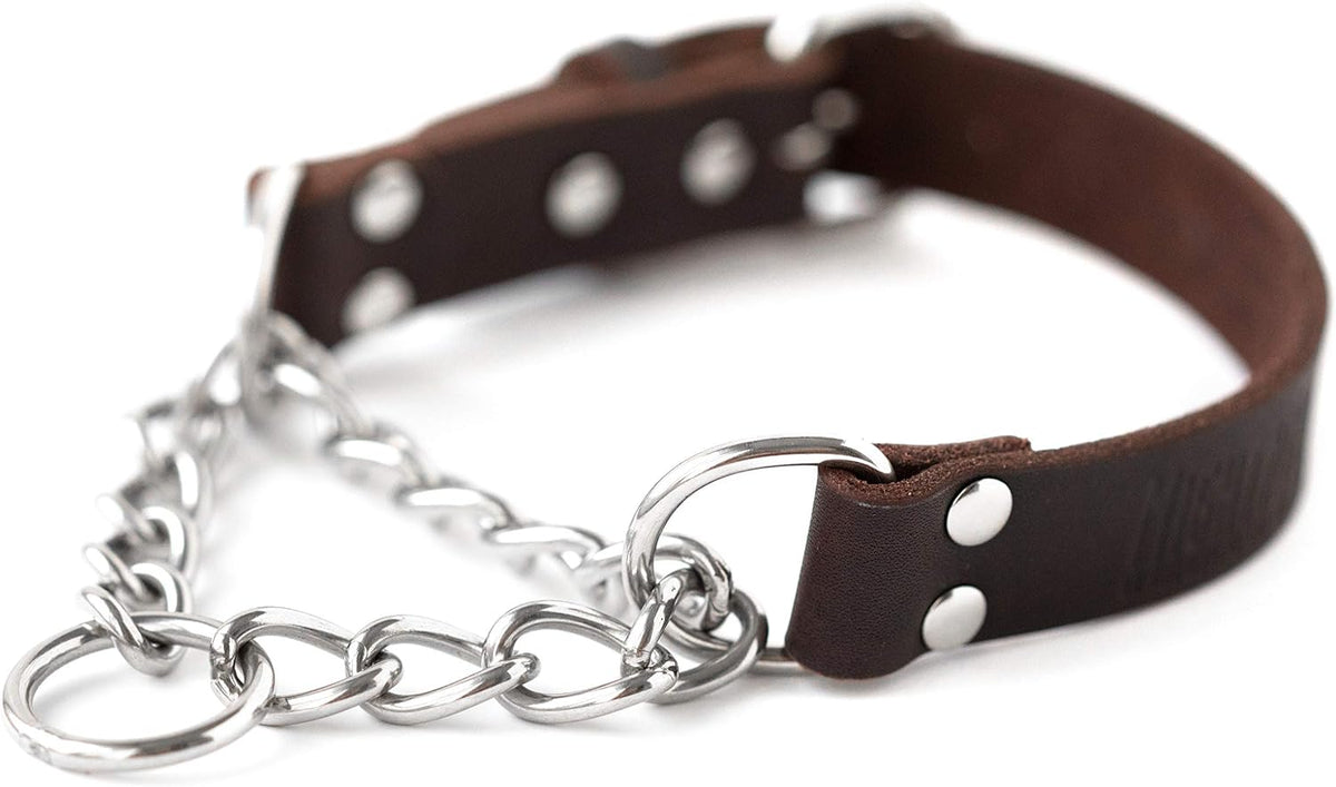 Martingale Dog Collar - No Pull Design - Stainless Steel Chain - Limited Chain Cinch Training - Brown Leather Martingale Training Collar - Medium Size