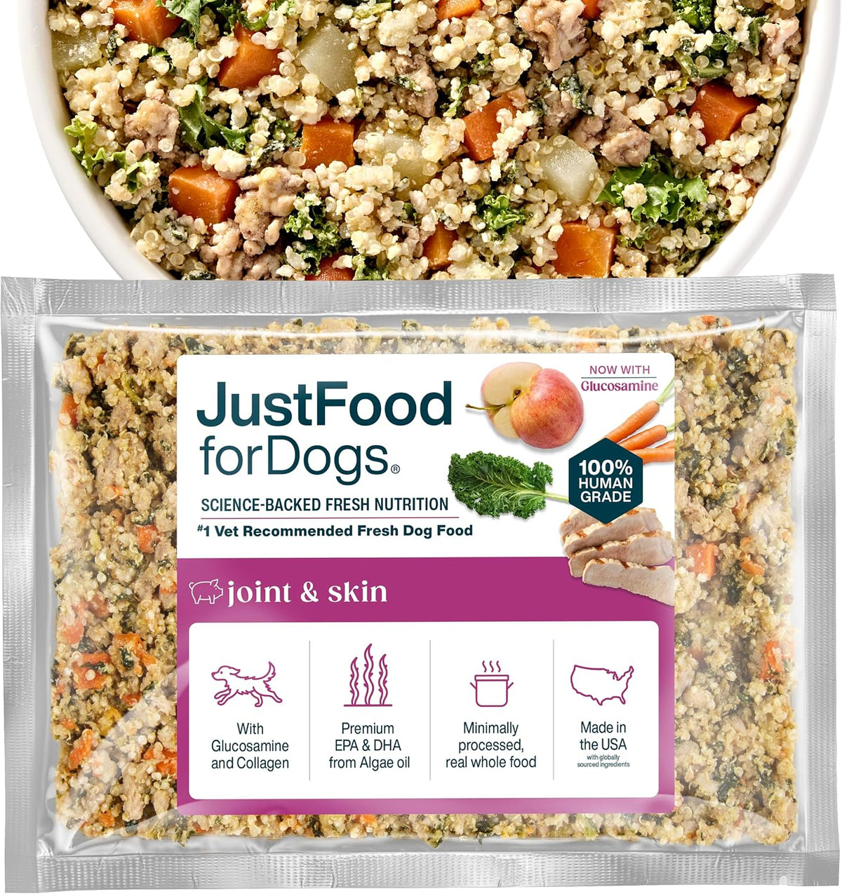 Frozen Fresh Dog Food for Sensitive Skin Allergies, Joint Health, Complete Meal or Human Grade Dog Food Topper, Joint & Skin Support, 18 Oz (Pack of 7)