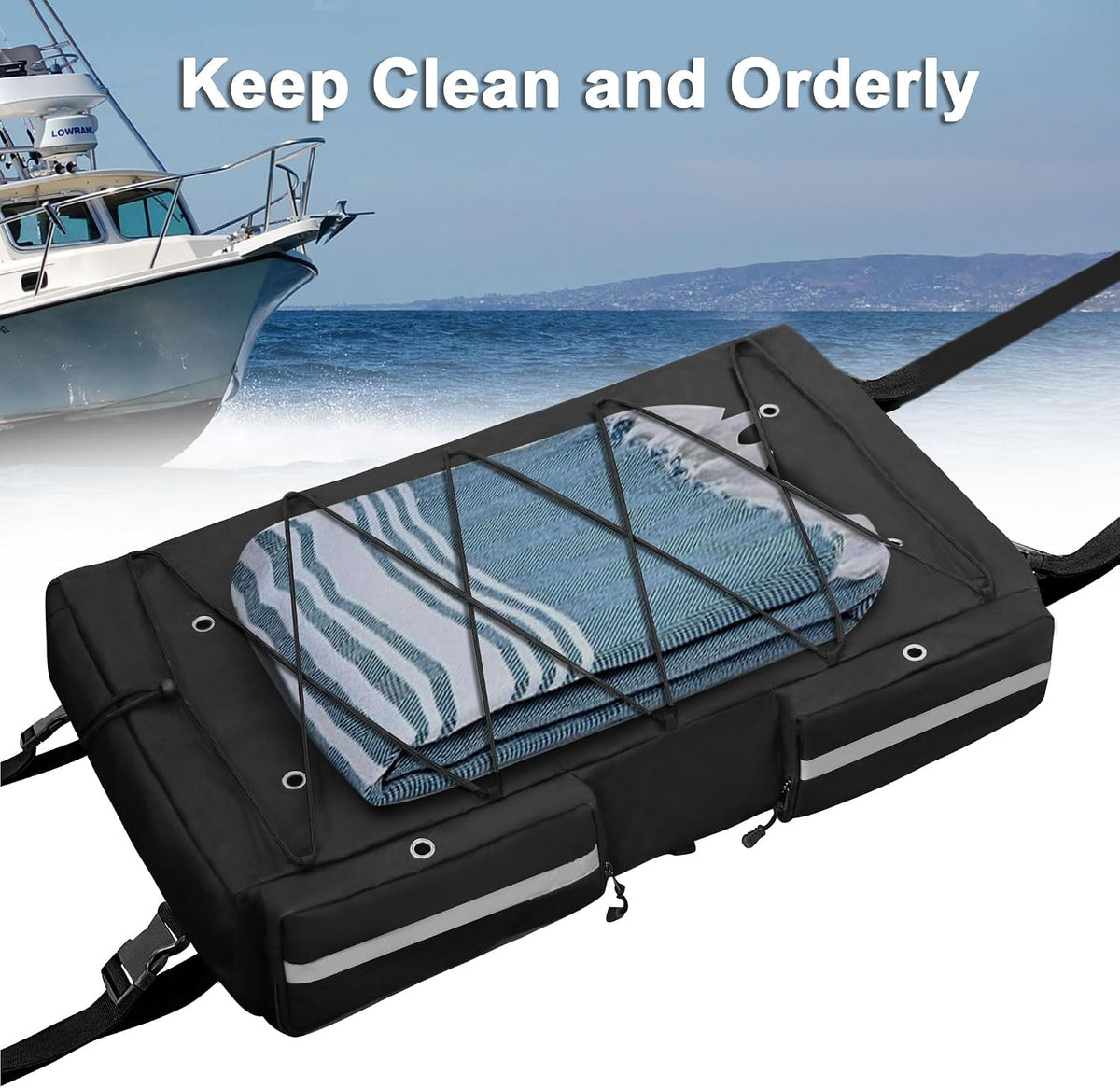 T-Top Storage Bag, Boat Life Jackets Bag Can Secure 4 Fishing Rods, Hold 4-6 Type II Life Jackets, for Most T-Top Hard Tops, Bimini-Tops, Pontoon Tops(Life Jackets Not Included)