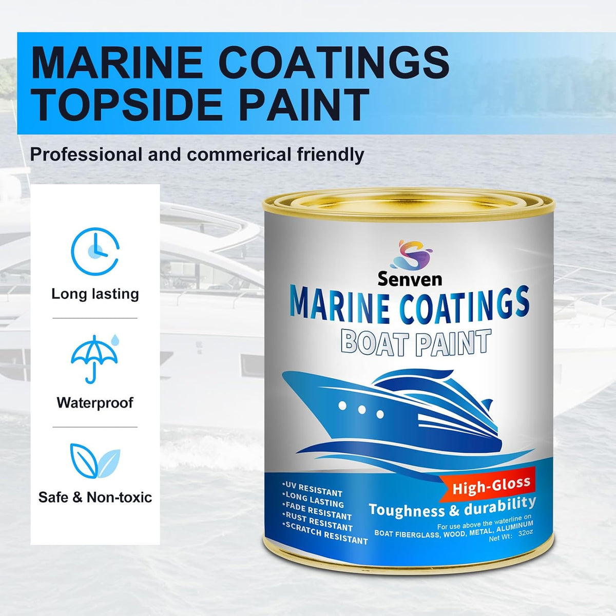 Boat Paint, 35 Oz Gloss Blue Marine Boat Topside Bottom Enamel Marine Paint for Boats, Wood, Fiberglass, Aluminum, Metals Oil-Based Epoxy Dark Blue