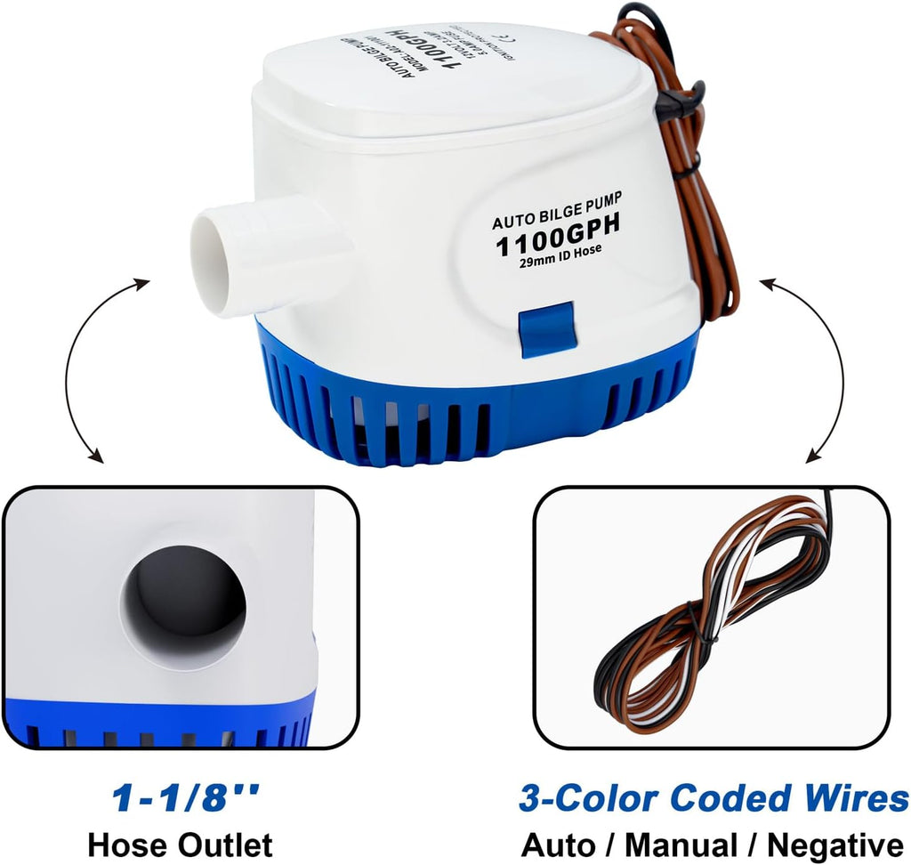 1100GPH Automatic Bilge Pump for Boats, 12V, 1-1/8" Outlet
