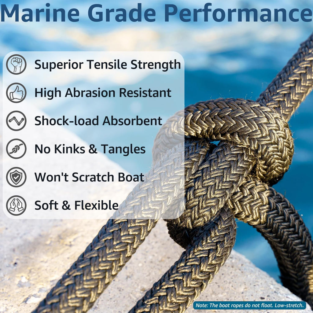 Boat Dock Lines 1/2" X 15' - Double Braided Nylon Boat Ropes for Docking with 12" Loop, Marine-Grade High Strength Boat Lines Dock Rope, Premium Marine Rope Mooring Lines, Easy Handling - 4 Pack,Black