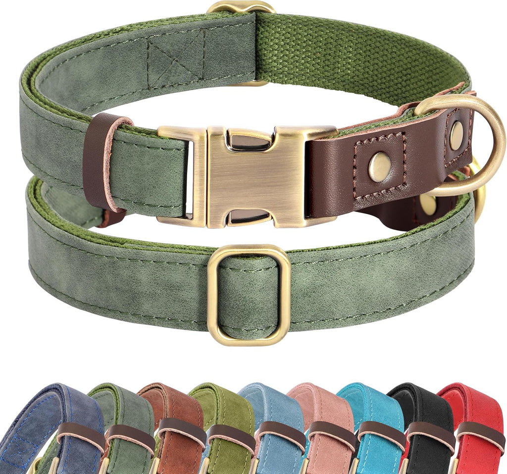 PU Leather Dog Collar for Large Dogs, Soft Nylon Lining, Green L