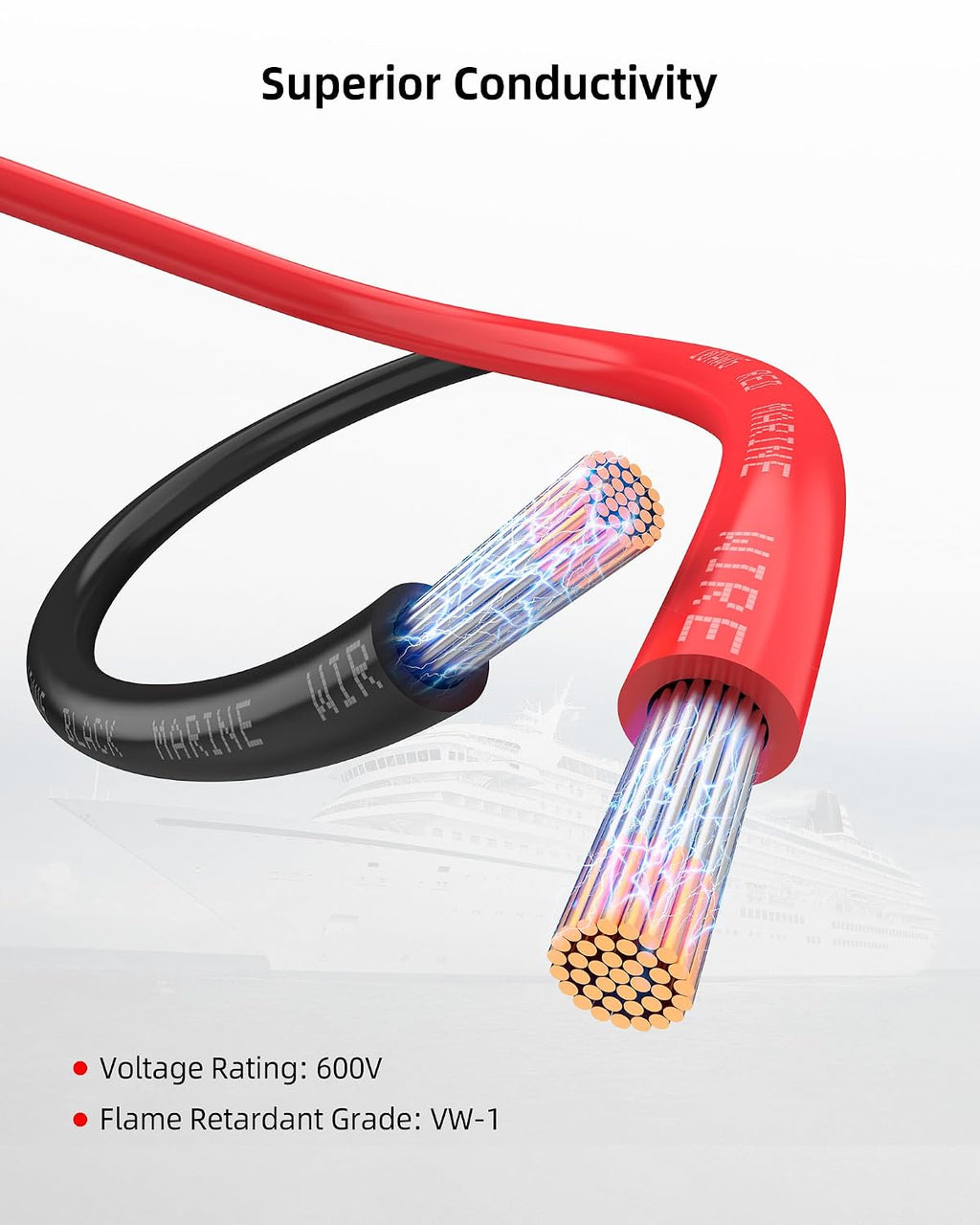 6 Gauge Marine Wire, Tinned Copper Wire, 50 FT Black + 50 FT Red