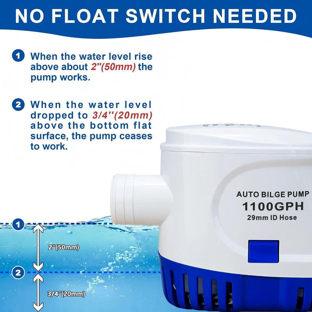 1100GPH Automatic Bilge Pump for Boats, 12V, 1-1/8" Outlet