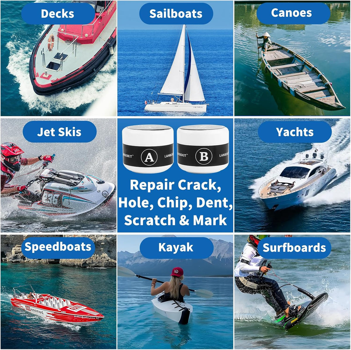 Marine Fiberglass Repair Kit for Boats, Gel Coat Repair Kit for Boats, Epoxy Filler for Boats, Gelcoat Repair Kit, Fiberglass Boat Repair Kit Fix Holes, Chips & Deep Cracks, Boat Accessories