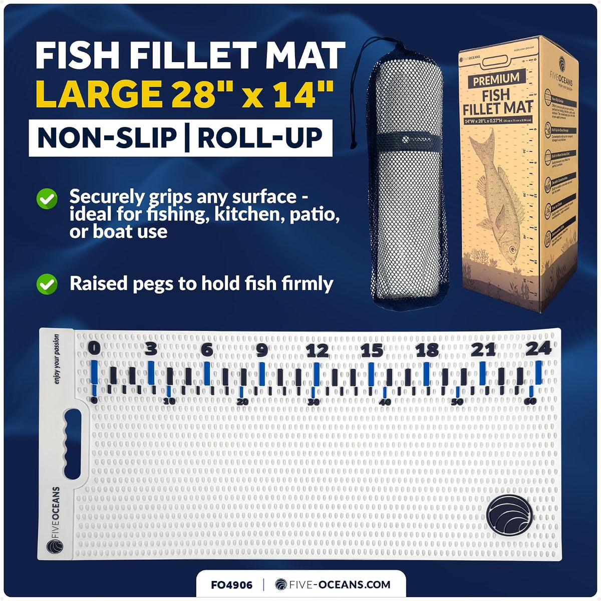 Fish Fillet Mat 28" X 14" - Non-Slip Marine Fish Filleting Mat for Boat & Dock Fishing - Heavy-Duty UV Resistant Roll-Up Fishing Mat - Easy Clean FO4906