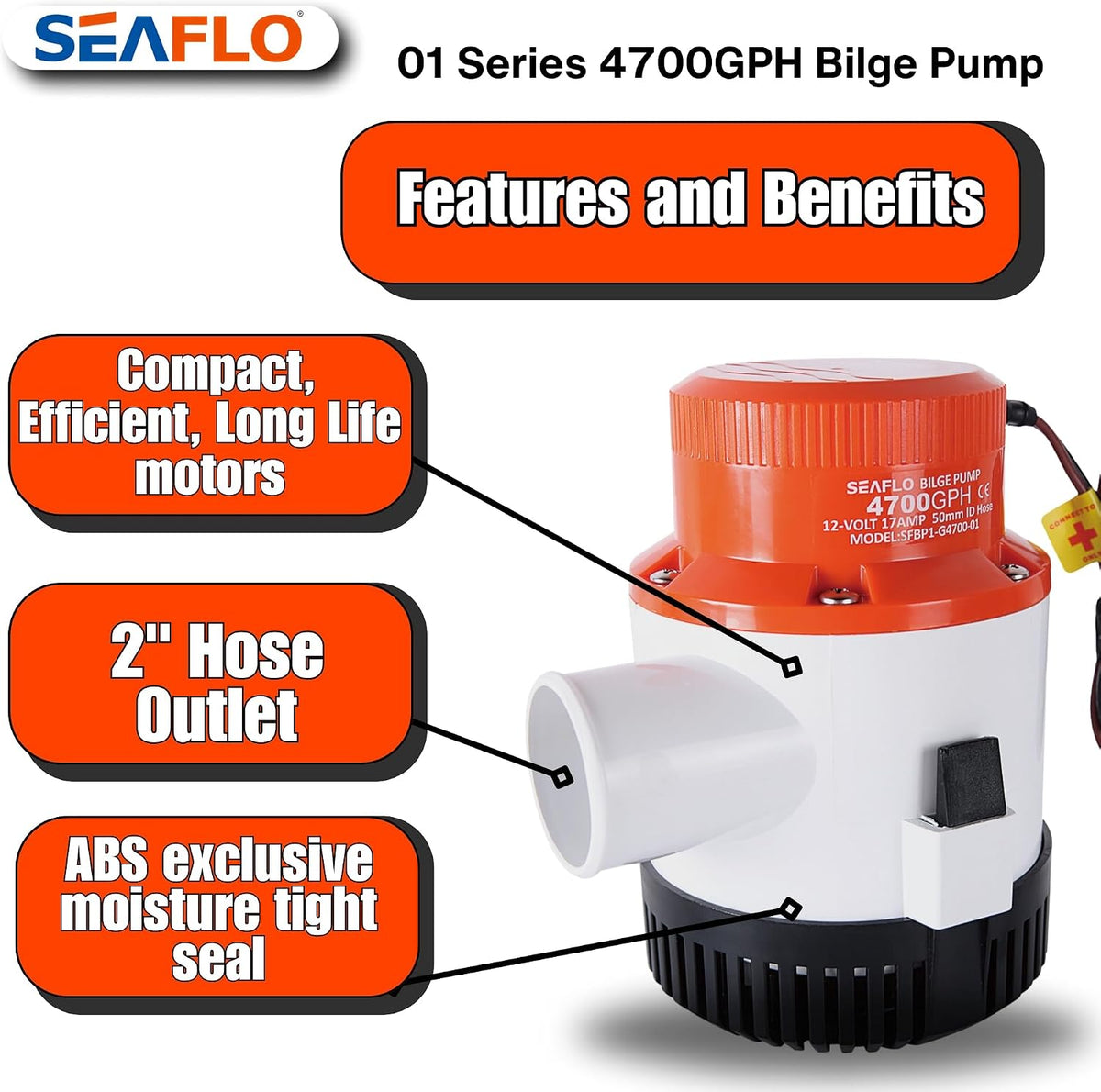 01 Series 4700 GPH Bilge Pump – 12V, 2" Outlet, Marine Submersible Pump, Anti-Airlock Protection, Snap-Off Strainer Base, CE & Rohs Certified – 4-Year Warranty