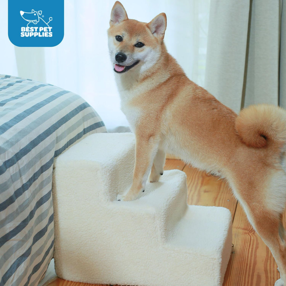 Dog Stairs & Steps - Foam Steps for Small Dogs & Cats, Non-Slip Indoor Balanced Pet Step Support, Dog Ramp, No Assembly, Lambswool, 3-Step (13.5-Inch Height)
