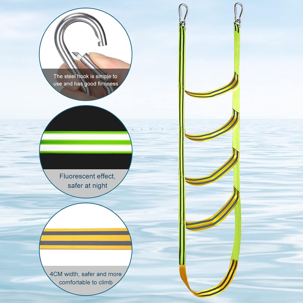 Boat Rope Ladder 5 Step Extra Long Portable Boat Ladders Extension Green Marine Climbing Rope Ladders Assist Boats Folding Ladder for Kayak Pontoon Canoeing Inflatable Boats