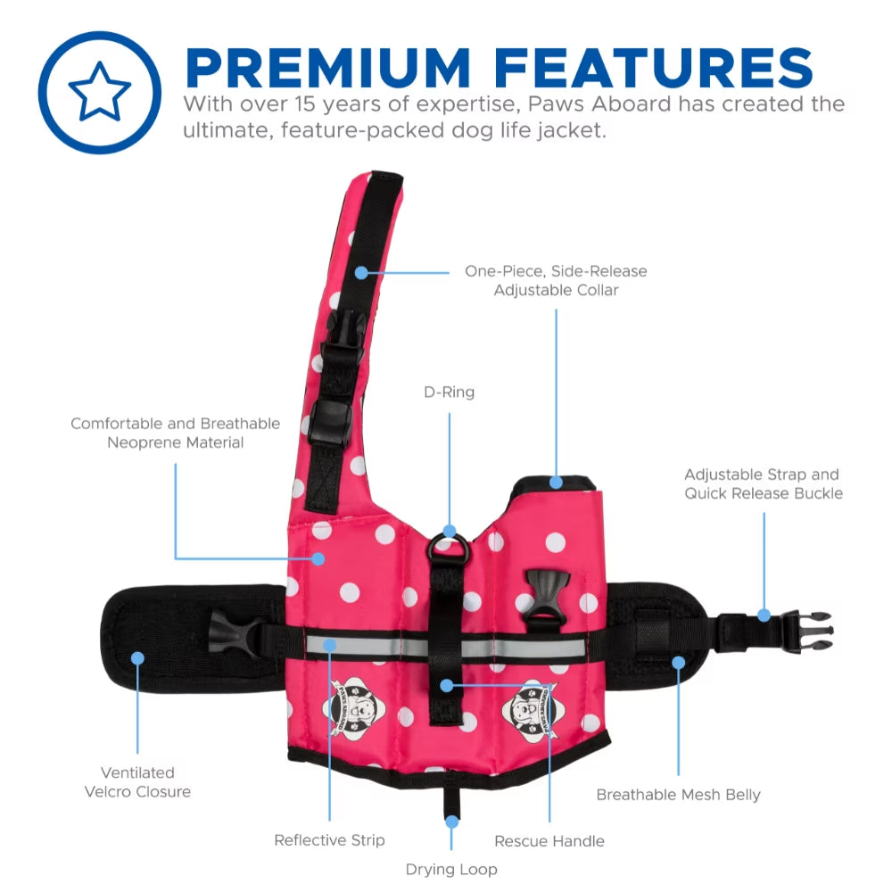 Dog Life Jacket - Nylon Life Vest - Designer Life Jackets - Pink & White Polka Dot, Xx-Small