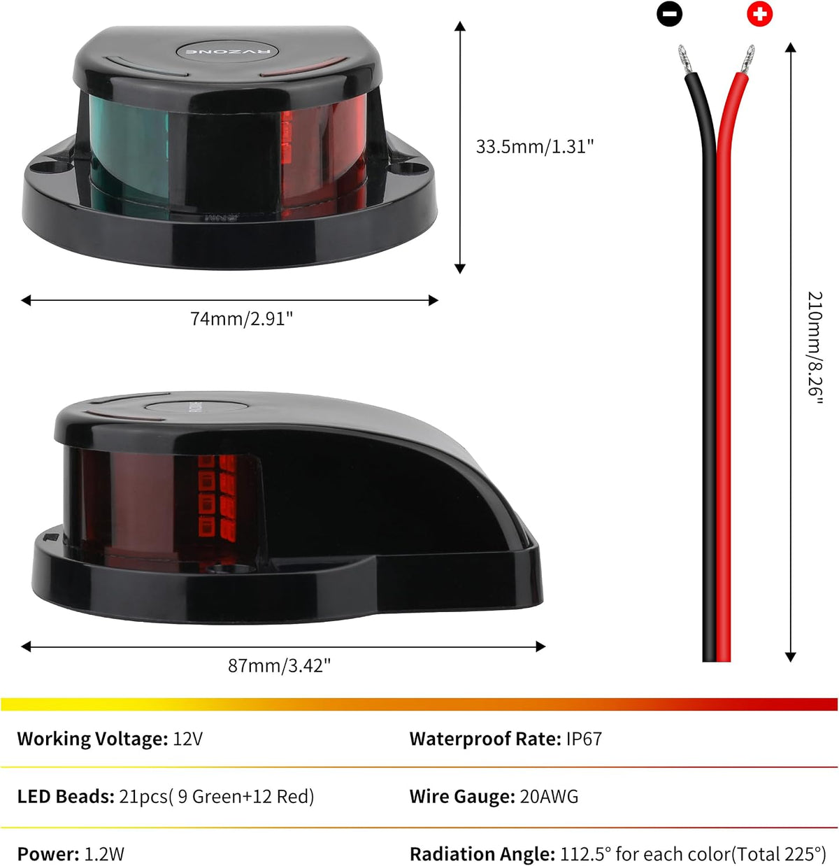Boat Navigation Lights, Red Green LED Bow Lights for Boats, IP67