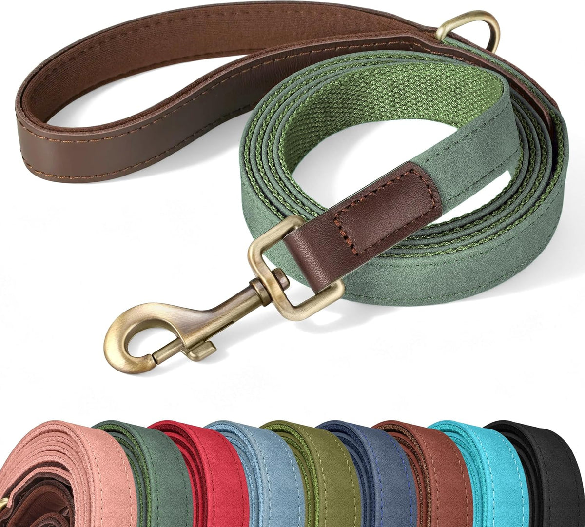 PU Leather Dog Leash for Medium Dogs, 5Ft Soft Padded Handle, Green