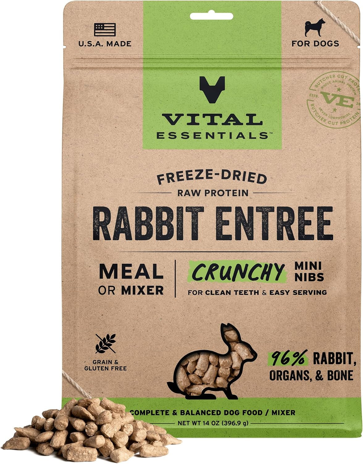 Freeze Dried Dog Food, Rabbit Crunchy Mini Nibs, 14 Oz Bag