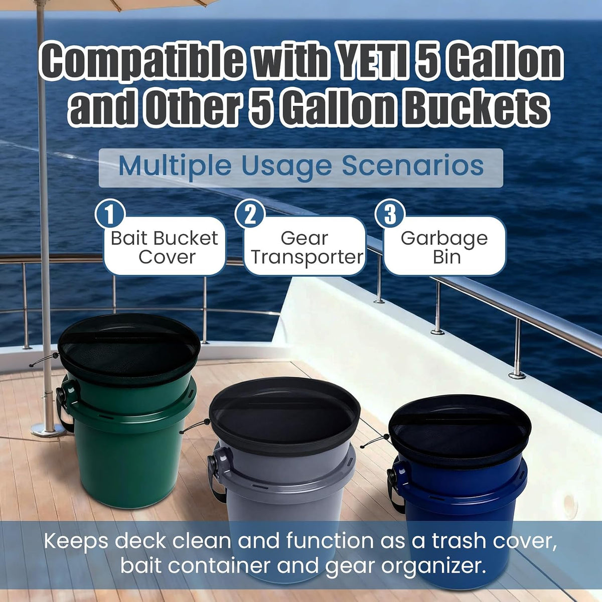 5 Gallon Bucket Lid Compatible with Yeti – Upgraded Mesh Closure Cover with Secure Drawstring Finish, Converted Boat Trash Can & Bait Bucket Lid for Fishing, Boating, and Camping (1)