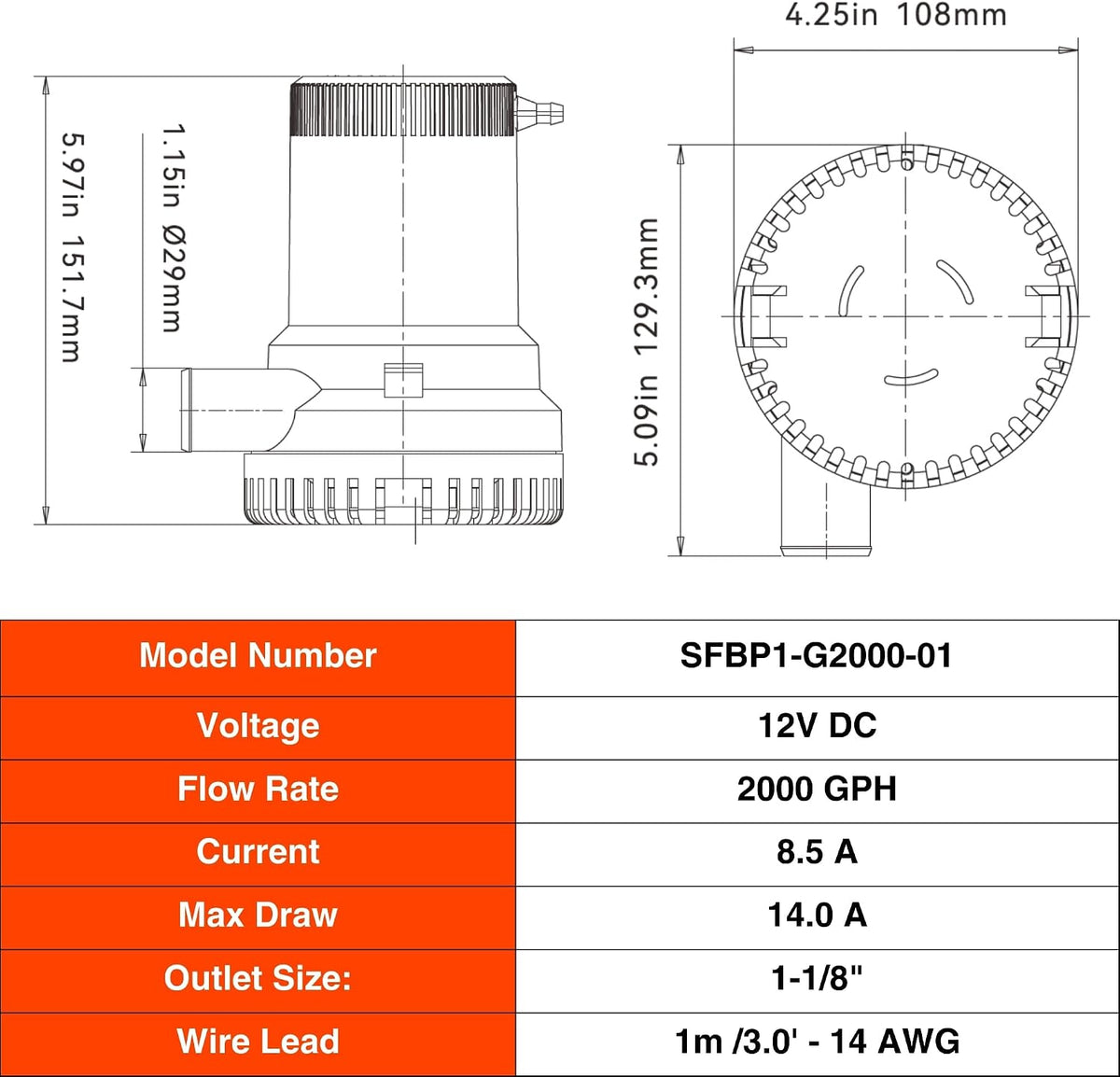 01 Series 2000 GPH Bilge Pump – 12V, 1-1/8" Outlet, Marine Submersible Pump with Anti-Airlock Protection, CE & Rohs Certified, 4-Year Warranty | Reliable for Boats and Marine Applications