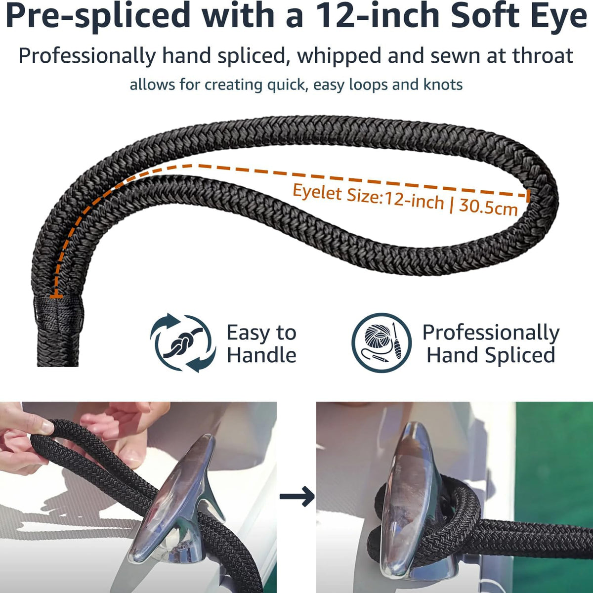 2 Pack 1/2" X 20' Dock Lines - Marine Grade Nylon Boat Rope with 12" Loop for Docking and Mooring - Double Braided Boat Lines, High Strength, Easy Handling, Fray Resistant - Black