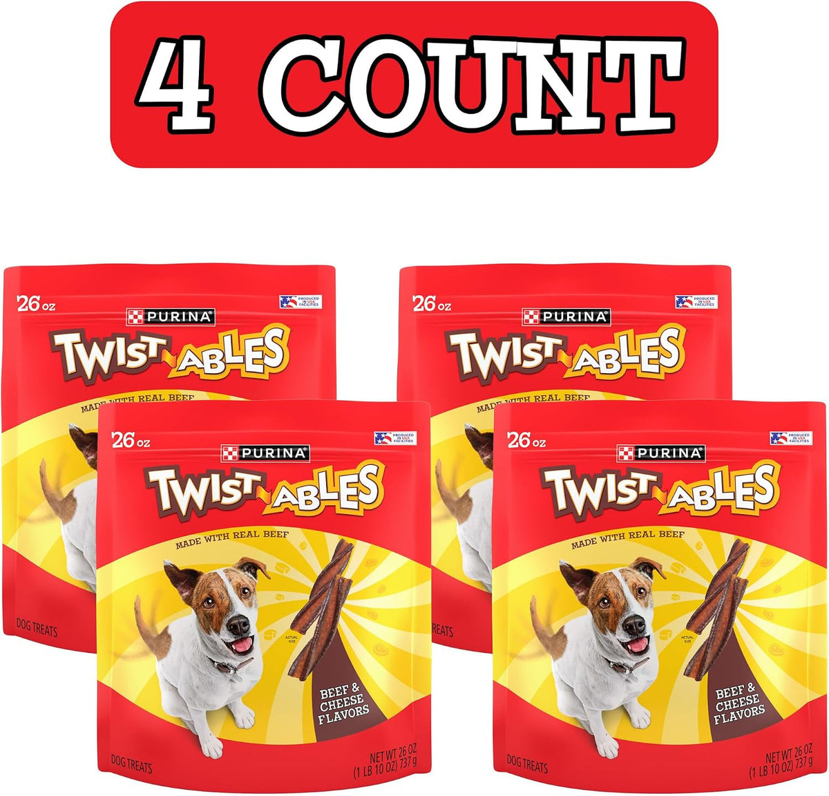 Purina Twistables Dog Treats, Beef & Cheese Flavor, (4) 26 Oz Pouches