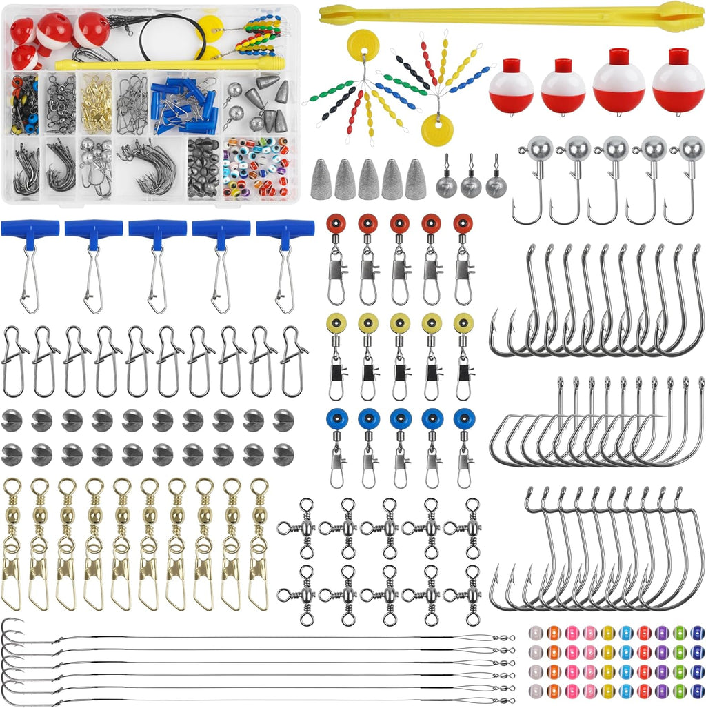 175Pcs Fishing Tackle Box Kit Hooks Bobbers Sinkers Swivel Snaps Freshwater Saltwater Starter Set for Bass Trout Catfish Beginner Fishing Gift