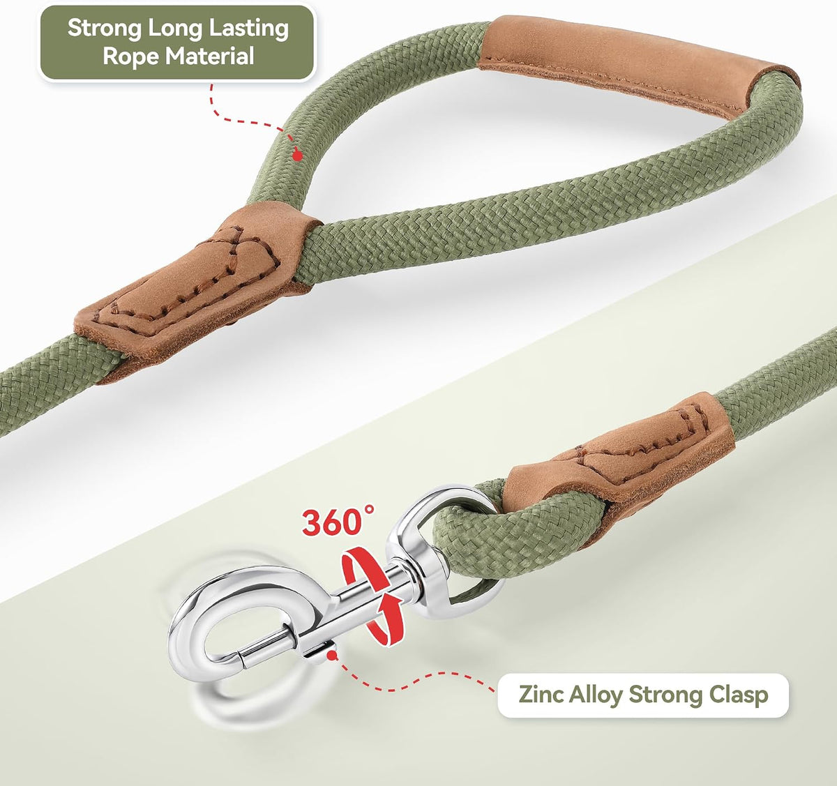 Dog Leash with Genuine Leather-Wrapped Ends/Handle, 4/5/6FT