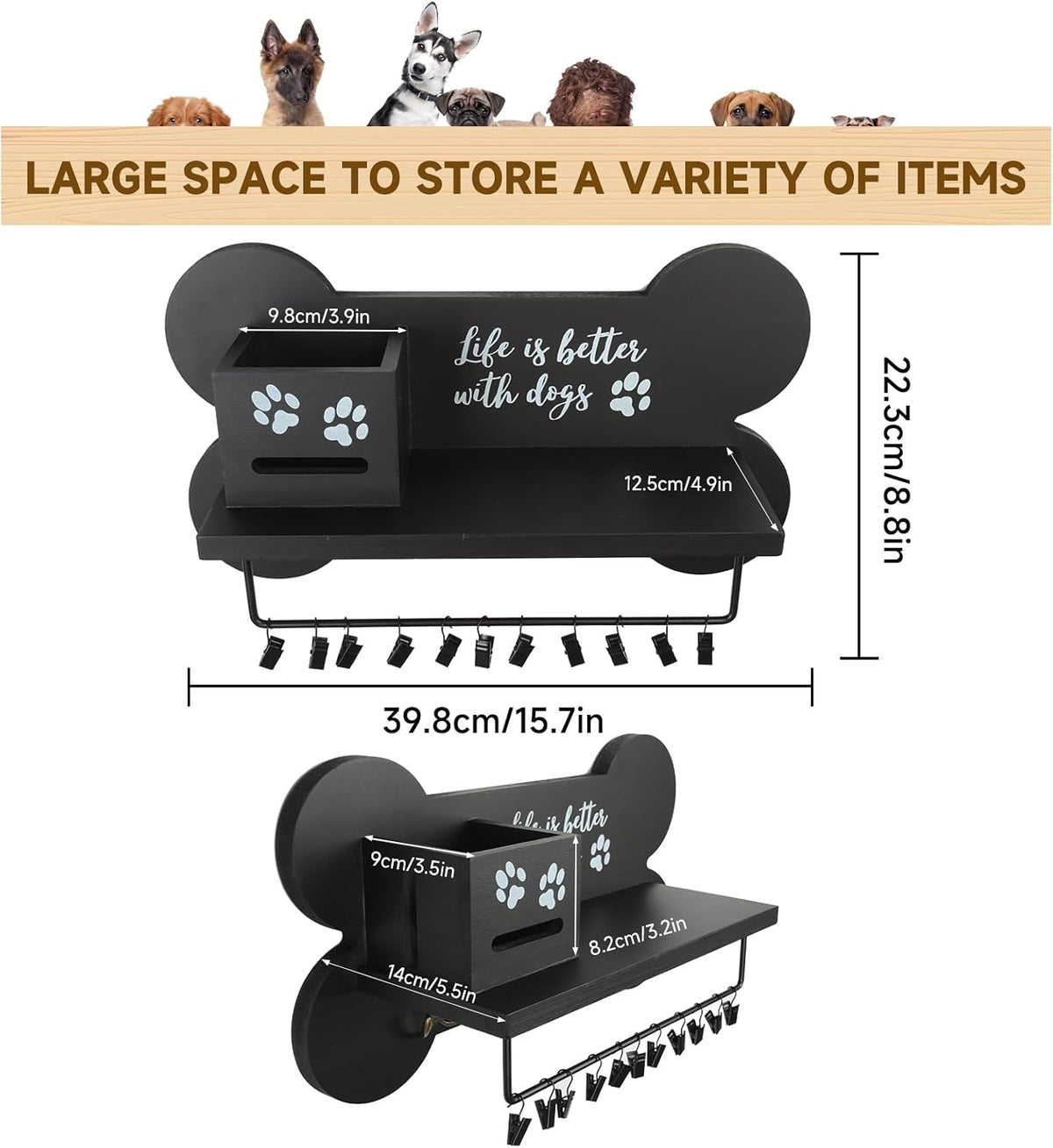 Wood Dog Leash Holder for Wall, Black Bone Hook for Entryway