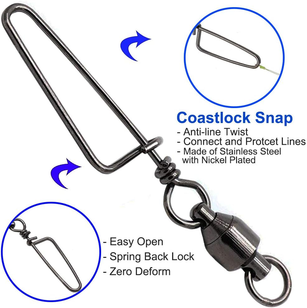 10, 30 Pack High-Strength Fishing Ball Bearing Swivel with Coastlock Snap, Strong Welded Ring for Saltwater Fishing-18Lb to 440Lb (100% Copper+Stainless Steel with Black Nickle Coated)