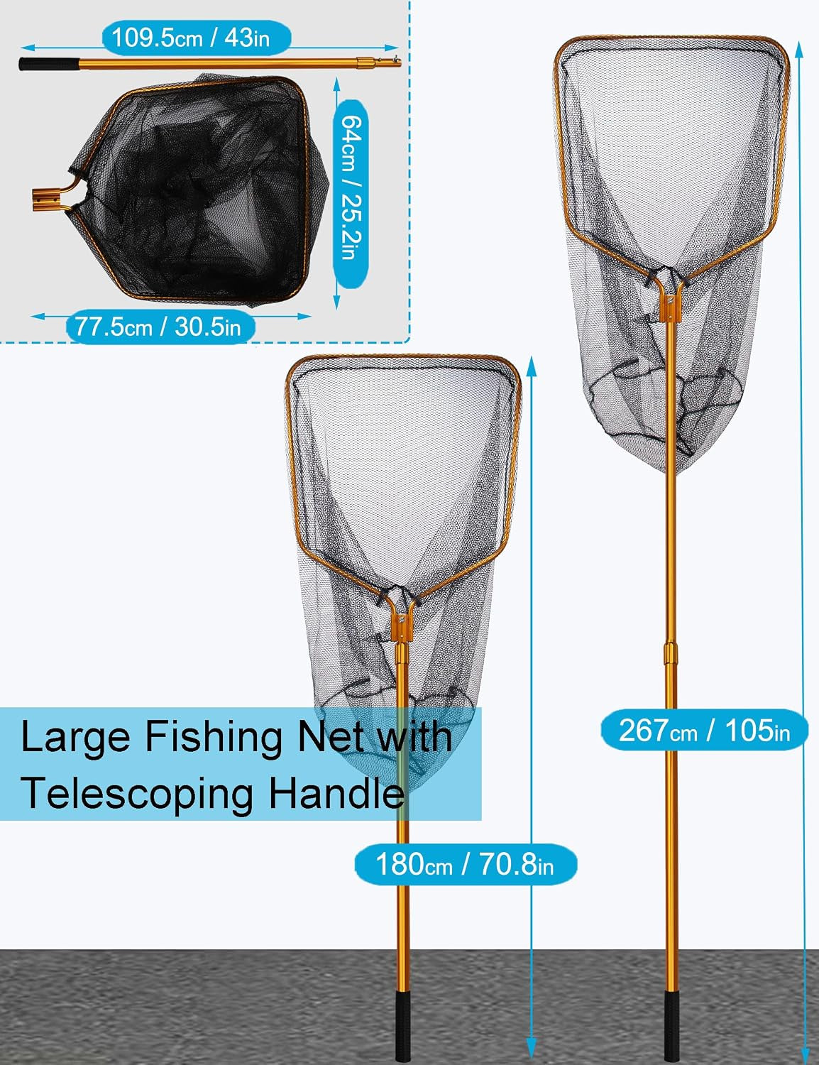 Extra Large Saltwater Fishing Net - 70.8"-105" Heavy Duty Telescopic Aluminum Handle, 37" Deep Snag-Free Rubber Mesh for Big Catfish Bass, Kayak Fishing Net with Carrying Bag