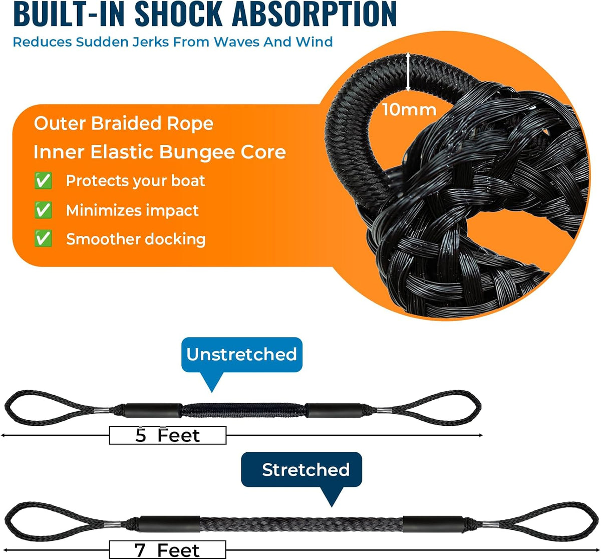 Boat Accessories 2PCS 5 Feet Premium Bungee Boat Lines 30Cm Extended Loop for Mooring for Jet Ski, Seadoo, Yamaha Waverunner Dinghy Pontoon Accessories Boating Gifts(Black)