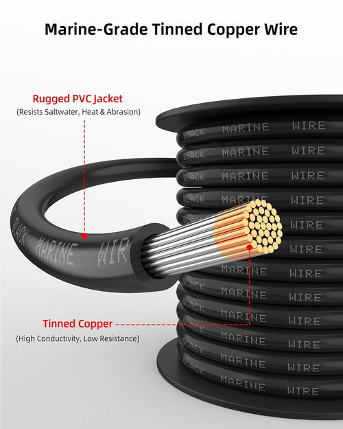 16 Gauge Marine Wire, Tinned Copper Wire, 100 FT Black + 100 FT Red