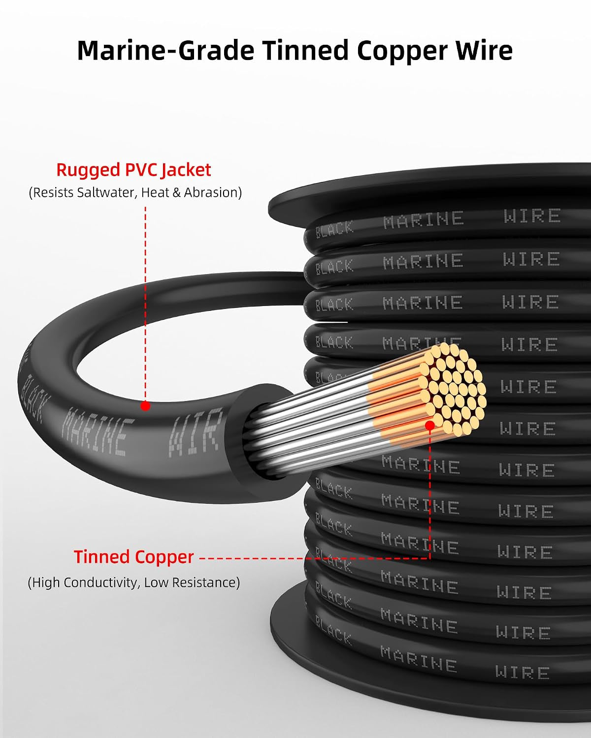 6 Gauge Marine Wire, Tinned Copper Wire, 50 FT Black + 50 FT Red