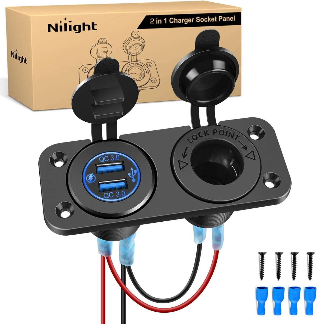 USB Charger and Cigarette Lighter Socket Outlet Panel Pre-Wired