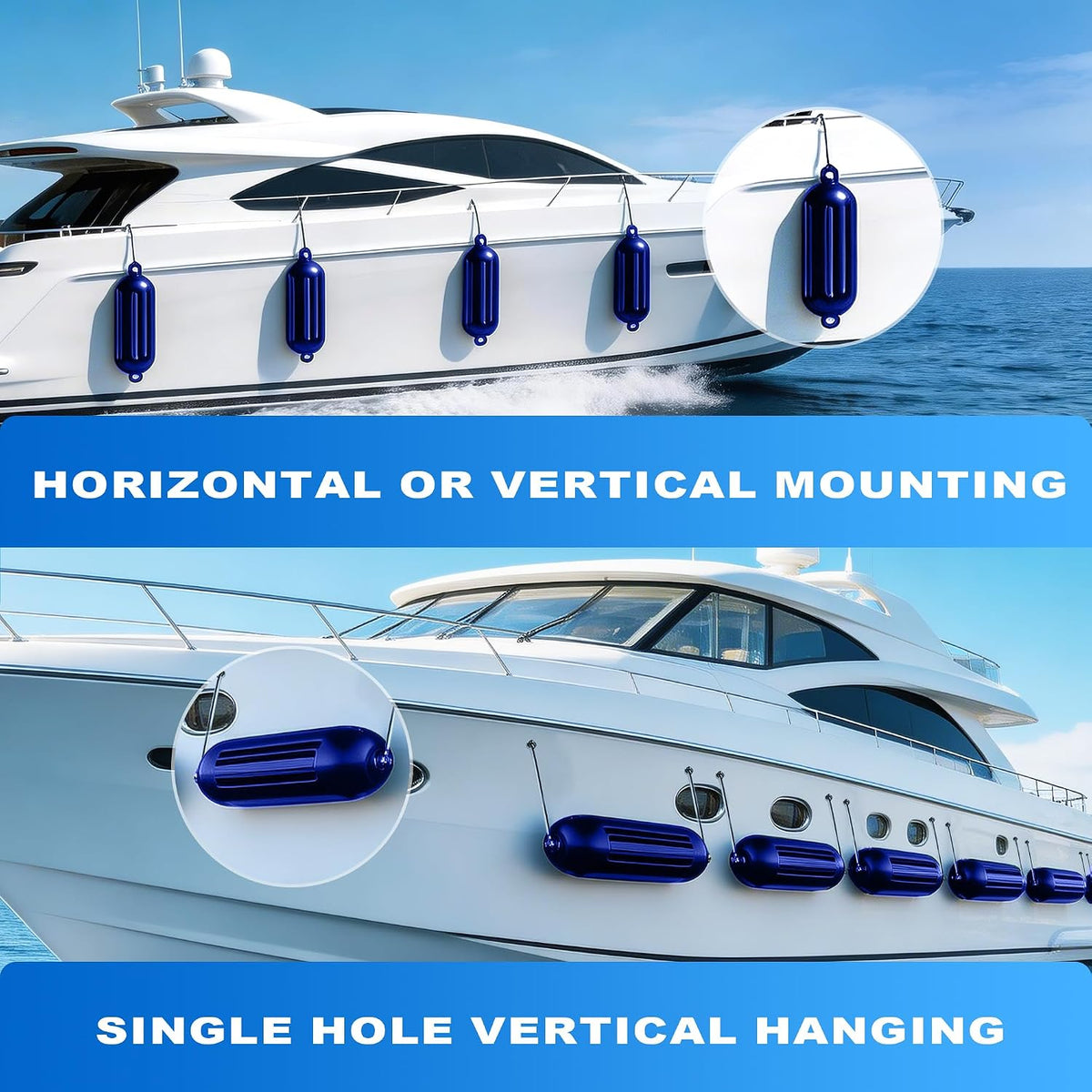 Boat Fenders 4 Pack 4.5"/5.5."/6.5"/8.5" Inflatable Ribbed Marine Bumpers, Twin Eye Design with 4 Ropes & Air Pump, UV & Saltwater Resistant, for Jon Boats, Pontoon Boats
