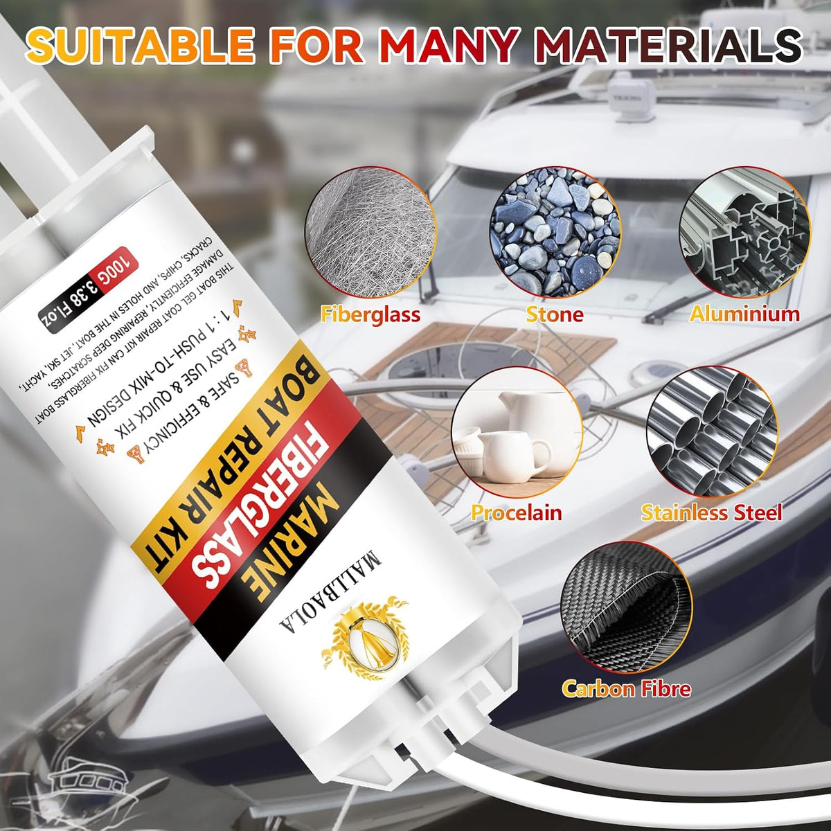 Marine Fiberglass Repair Kit for Boats, Gel Coat Repair Kit for Boats, Epoxy Filler for Fiberglass Boats Fix Holes, Chips and Deep Cracks, Gelcoat Repair Kit for Fiberglass, Acrylic, Porcelain(White)