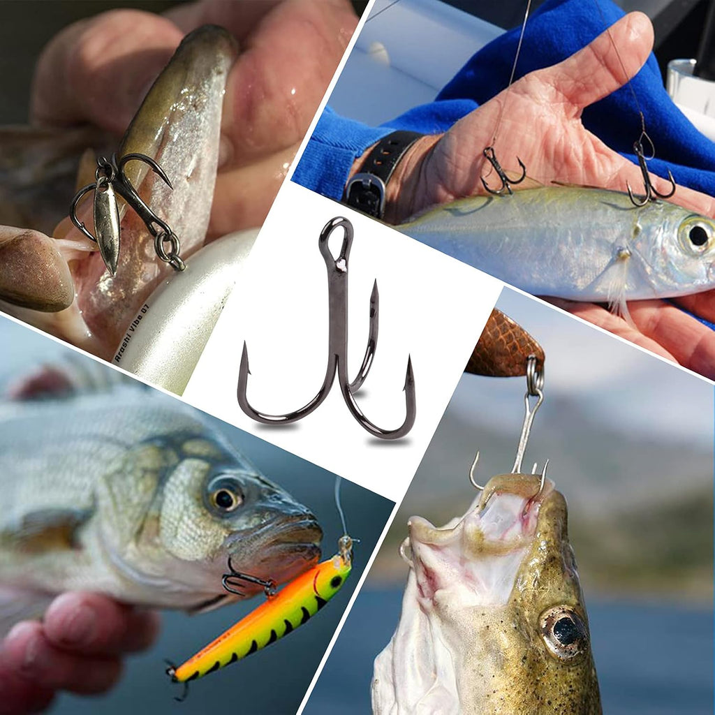 Fishing Treble Hooks Triple Fishing Hooks High Carbon Steel Barbed Sharp round Bend Treble Hooks Replacement for Hard Lures Bait