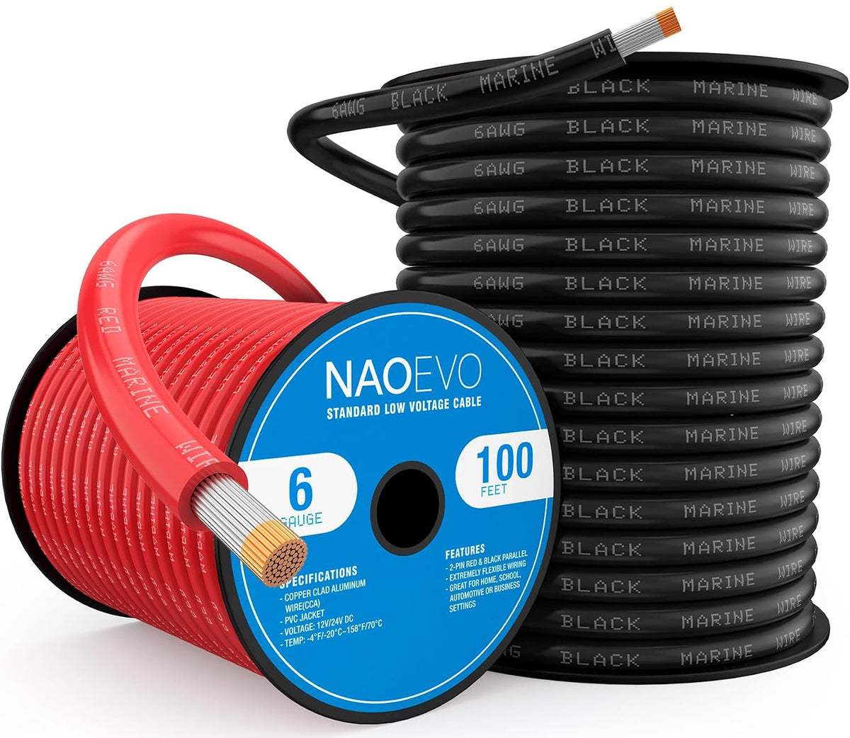 6 Gauge Marine Wire, Tinned Copper Wire, 100 FT Black + 100 FT Red