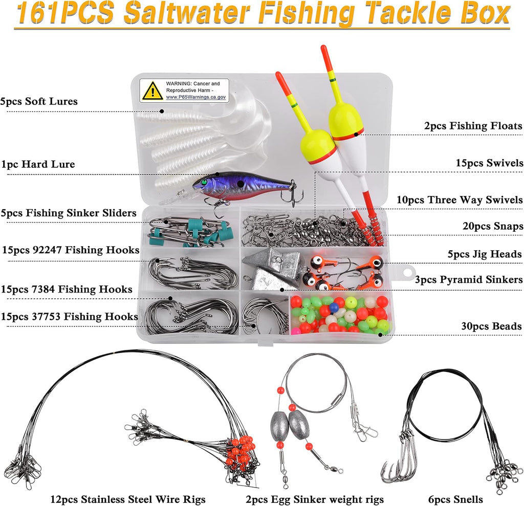 Saltwater Surf Fishing Tackle Kit, Surf Fishing Bait Rigs Bucktail Jig Saltwater Fishing Lures Pyramid Weights Wire Leaders Hooks Swivel Ocean Beach Fishing Gear Box