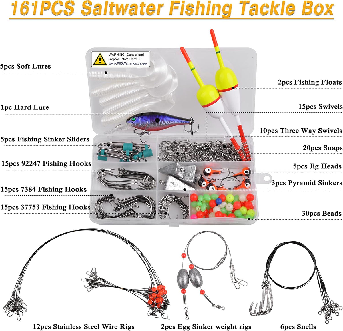 Saltwater Surf Fishing Tackle Kit, Surf Fishing Bait Rigs Bucktail Jig Saltwater Fishing Lures Pyramid Weights Wire Leaders Hooks Swivel Ocean Beach Fishing Gear Box
