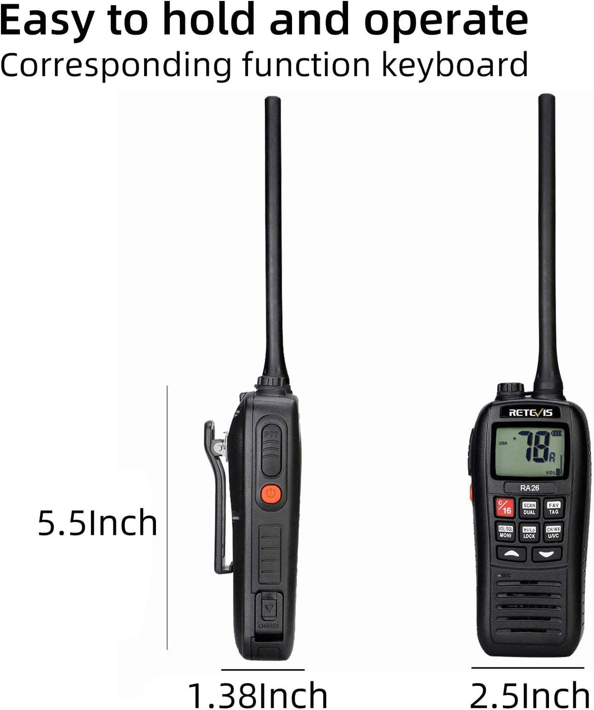 RA26 5W VHF Marine Radio IP67 Floating, Micro USB for Boats(1 Pack)